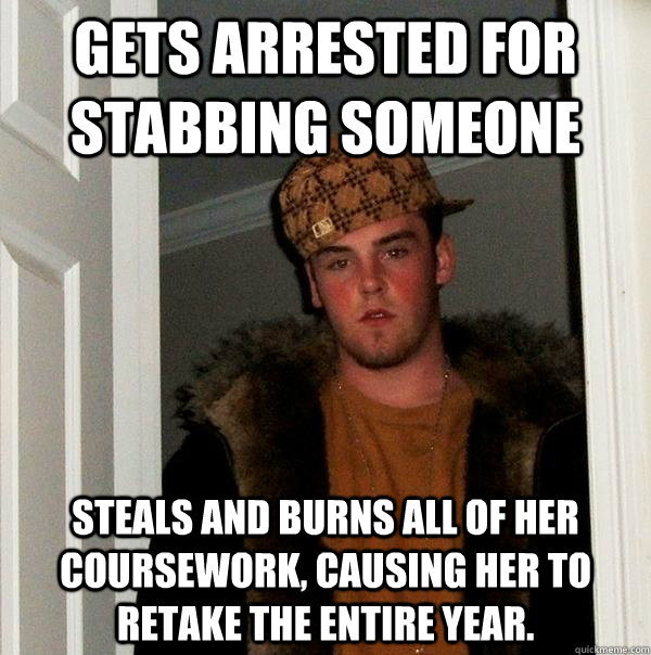 Gets arrested for stabbing someone Steals and burns all of her coursework, causing her to retake the entire year.  Scumbag Steve