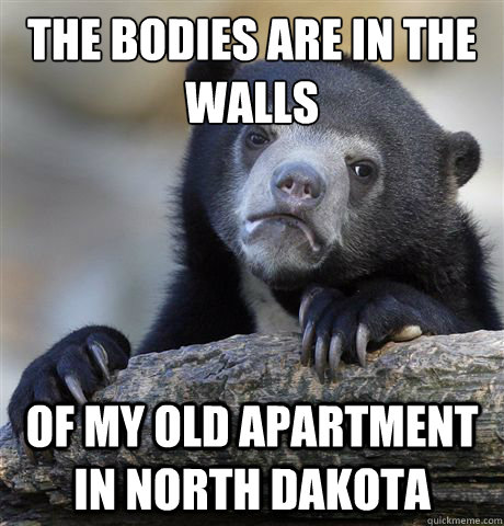 The bodies are in the
walls  Of my old apartment in North Dakota  Confession Bear