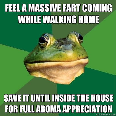 feel a massive fart coming while walking home save it until inside the house for full aroma appreciation  Foul Bachelor Frog