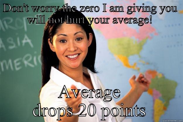 DON'T WORRY THE ZERO I AM GIVING YOU WILL NOT HURT YOUR AVERAGE! AVERAGE DROPS 20 POINTS Unhelpful High School Teacher