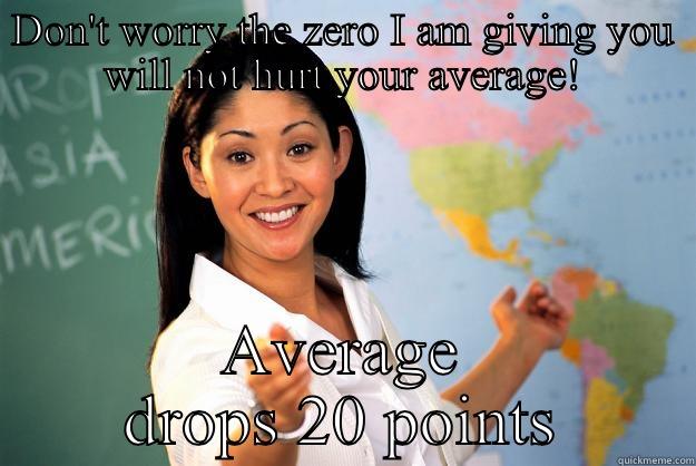 DON'T WORRY THE ZERO I AM GIVING YOU WILL NOT HURT YOUR AVERAGE! AVERAGE DROPS 20 POINTS Unhelpful High School Teacher