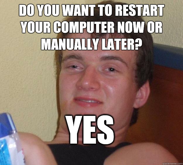 Do you want to restart your computer now or manually later? Yes  10 Guy