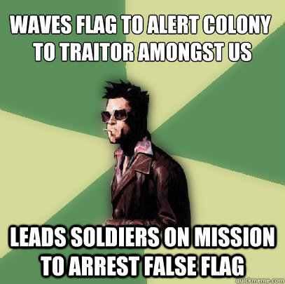 Waves flag to alert colony
 to traitor amongst us leads soldiers on mission to arrest false flag  Helpful Tyler Durden