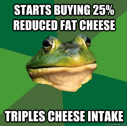 starts buying 25% reduced fat cheese  triples cheese intake  Foul Bachelor Frog