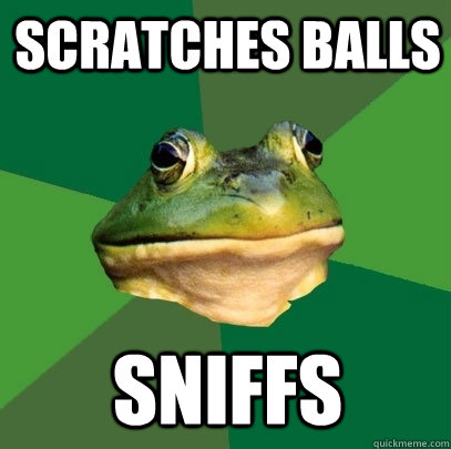 scratches balls sniffs    Foul Bachelor Frog