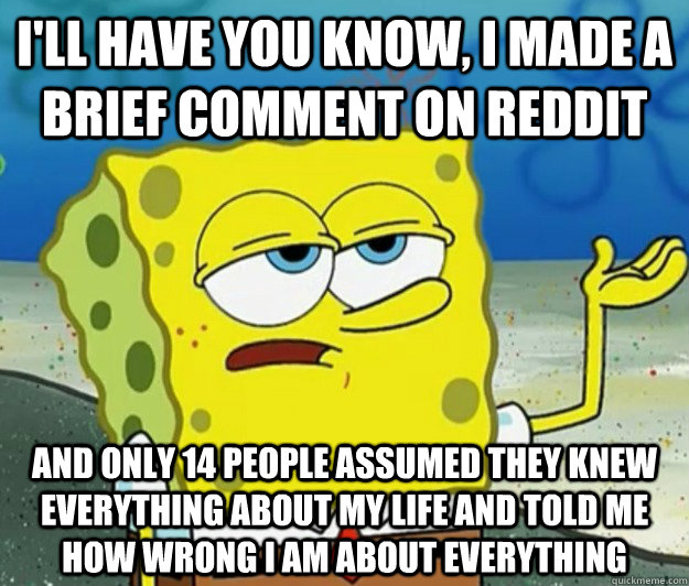 I'll have you know, I made a brief comment on reddit And only 14 people assumed they knew everything about my life and told me how wrong I am about everything  Tough Spongebob