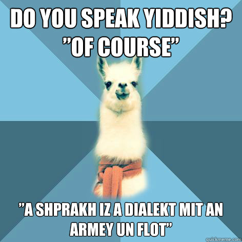 Do you speak Yiddish? ”Of course” ”a shprakh iz a dialekt mit an armey un flot”
 - Do you speak Yiddish? ”Of course” ”a shprakh iz a dialekt mit an armey un flot”
  Linguist Llama