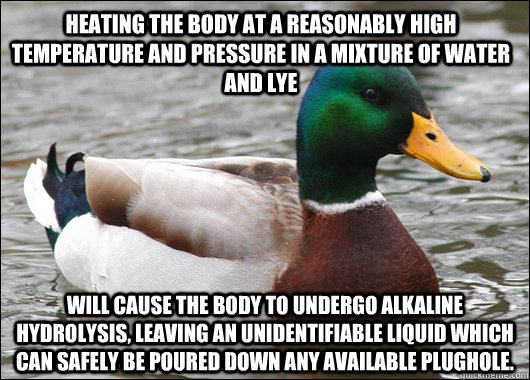 Heating the body at a reasonably high temperature and pressure in a mixture of water and lye  will cause the body to undergo alkaline hydrolysis, leaving an unidentifiable liquid which can safely be poured down any available plughole.  Actual Advice Mallard