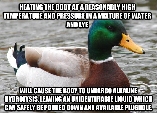 Heating the body at a reasonably high temperature and pressure in a mixture of water and lye  will cause the body to undergo alkaline hydrolysis, leaving an unidentifiable liquid which can safely be poured down any available plughole. - Heating the body at a reasonably high temperature and pressure in a mixture of water and lye  will cause the body to undergo alkaline hydrolysis, leaving an unidentifiable liquid which can safely be poured down any available plughole.  Actual Advice Mallard