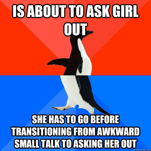 is about to ask girl out she has to go before transitioning from awkward small talk to asking her out  Awesome Awkward Penguin