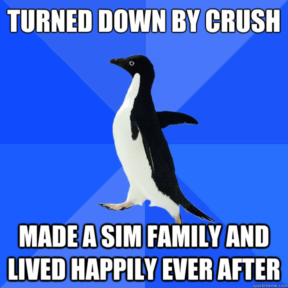turned down by crush made a sim family and lived happily ever after  Socially Awkward Penguin