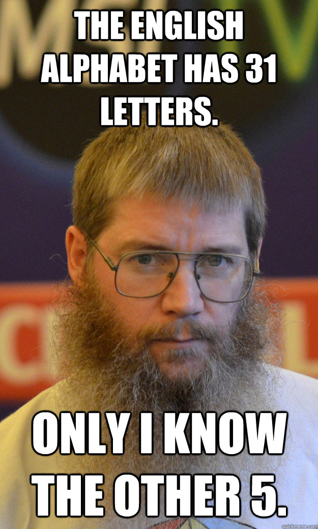 The English alphabet has 31 letters. Only I know the other 5.  Nigel Richards