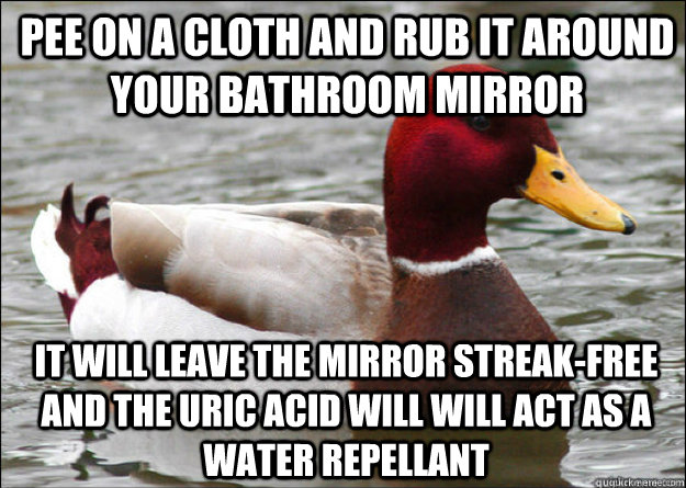Pee on a cloth and rub it around your bathroom mirror It will leave the mirror streak-free and the uric acid will will act as a water repellant  Malicious Advice Mallard