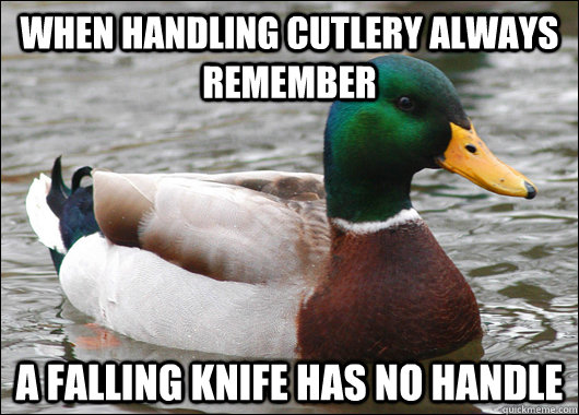 when handling cutlery always remember  a falling knife has no handle - when handling cutlery always remember  a falling knife has no handle  Actual Advice Mallard