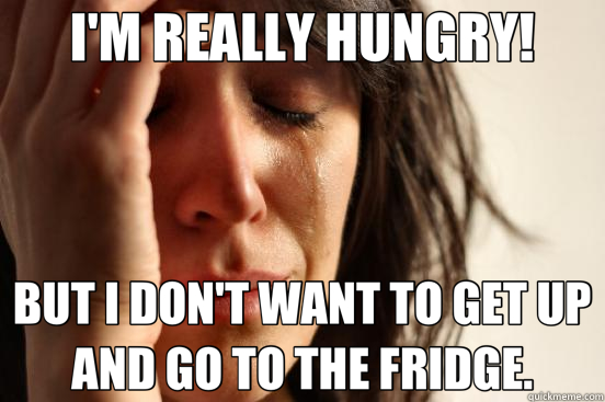 I'M REALLY HUNGRY! BUT I DON'T WANT TO GET UP AND GO TO THE FRIDGE.  First World Problems