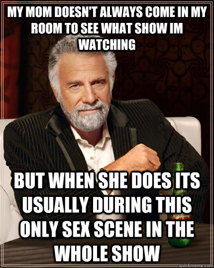 my mom doesn't always come in my room to see what show im watching  but when she does its usually during this only sex scene in the whole show   The Most Interesting Man In The World