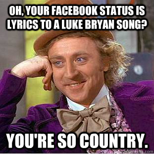oh, your facebook status is lyrics to a luke bryan song? you're so country. - oh, your facebook status is lyrics to a luke bryan song? you're so country.  Condescending Wonka