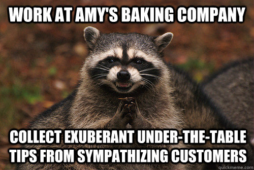 work at Amy's baking company collect exuberant under-the-table tips from sympathizing customers   Insidious Racoon 2