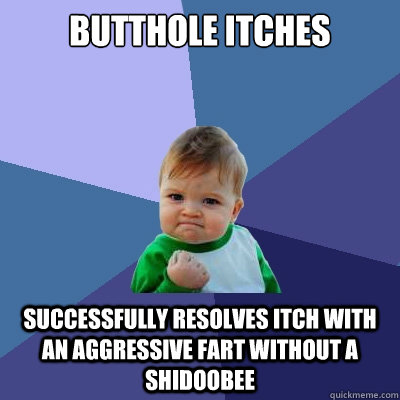 Butthole itches Successfully resolves itch with an aggressive fart without a shidoobee  Success Kid