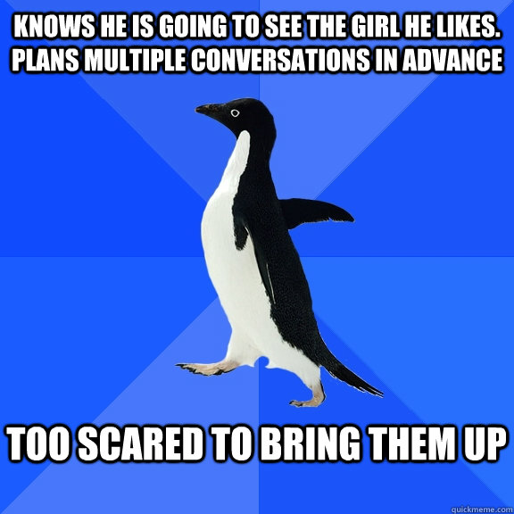 Knows he is going to see the girl he likes.  plans multiple conversations in advance  Too scared to bring them up   Socially Awkward Penguin