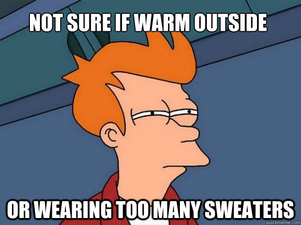 Not sure if warm outside or wearing too many sweaters  Futurama Fry