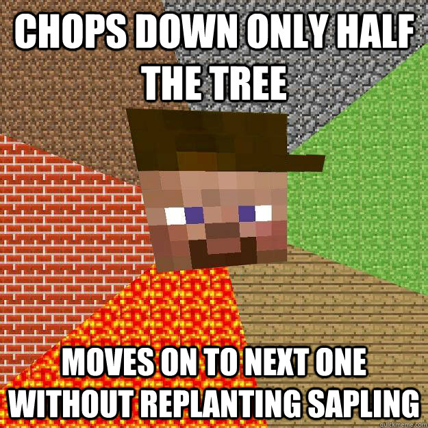 Chops down only half the tree moves on to next one without replanting sapling - Chops down only half the tree moves on to next one without replanting sapling  Scumbag minecraft