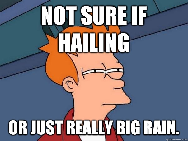 Not sure if hailing or just really big rain.   Futurama Fry