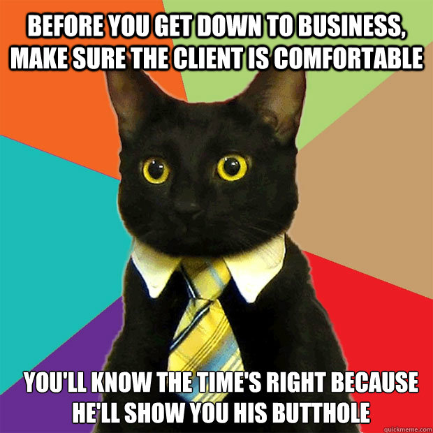 before you get down to business, make sure the client is comfortable you'll know the time's right because he'll show you his butthole  Business Cat