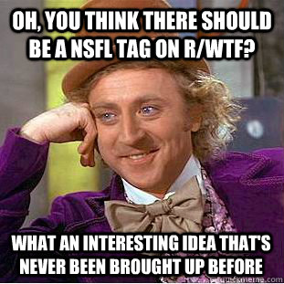 Oh, you think there should be a NSFL tag on r/wtf? What an interesting idea that's never been brought up before  Condescending Wonka