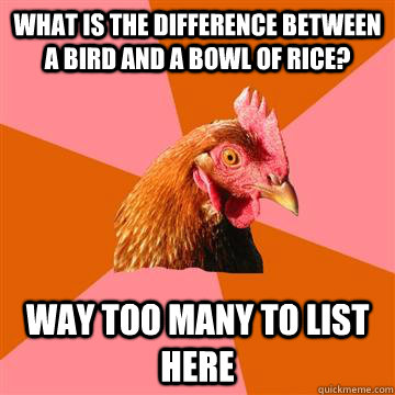 what is the difference between a bird and a bowl of rice? way too many to list here  Anti-Joke Chicken
