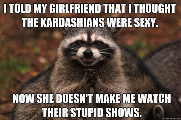 I Told my girlfriend that I thought the Kardashians were sexy. Now she doesn't make me watch their stupid shows. - I Told my girlfriend that I thought the Kardashians were sexy. Now she doesn't make me watch their stupid shows.  evil racoon