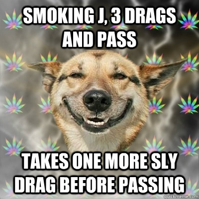 Smoking J, 3 drags and Pass Takes One more Sly Drag Before passing  Stoner Dog