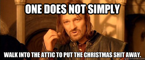 One does not simply walk into The attic to put the Christmas shit away.
  One Does Not Simply