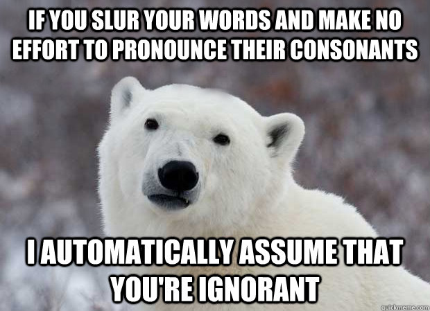 If you slur your words and make no effort to pronounce their consonants I automatically assume that you're ignorant  Popular Opinion Polar Bear