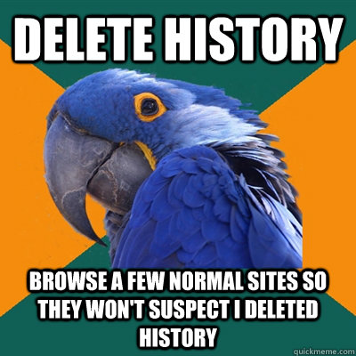 Delete History Browse a few normal sites so they won't suspect I deleted history  Paranoid Parrot
