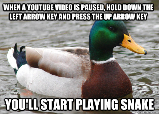 when a youtube video is paused, hold down the left arrow key and press the up arrow key you'll start playing snake  Actual Advice Mallard