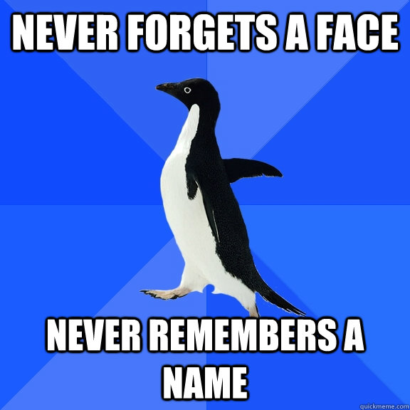 Never forgets a face never remembers a name  Socially Awkward Penguin