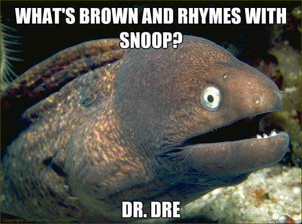 What's brown and rhymes with snoop? Dr. Dre  Bad Joke Eel