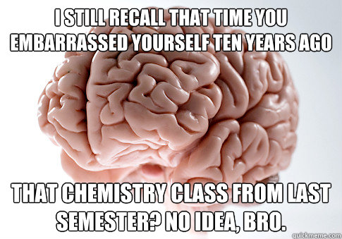 I still recall that time you embarrassed yourself ten years ago That chemistry class from last semester? No idea, bro.  Scumbag Brain