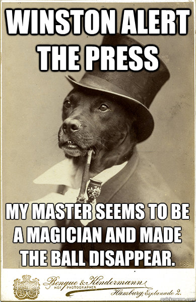 Winston alert the press my master seems to be a magician and made the ball disappear. - Winston alert the press my master seems to be a magician and made the ball disappear.  Old Money Dog