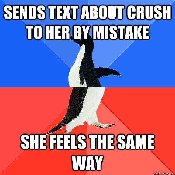 Sends text about crush to her by mistake She feels the same way  Socially Awkward Awesome Penguin