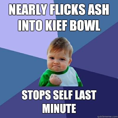 Nearly flicks ash into kief bowl  Stops self last minute   Success Kid