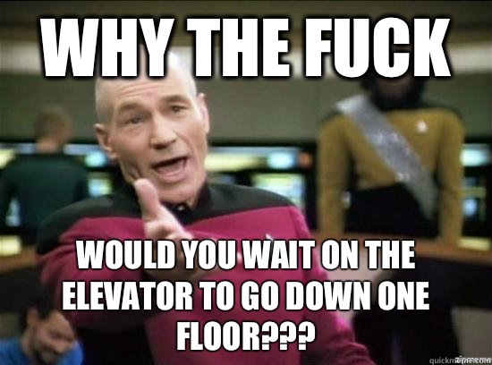 Why the fuck Would you wait on the elevator to go down one floor???  Annoyed Picard HD