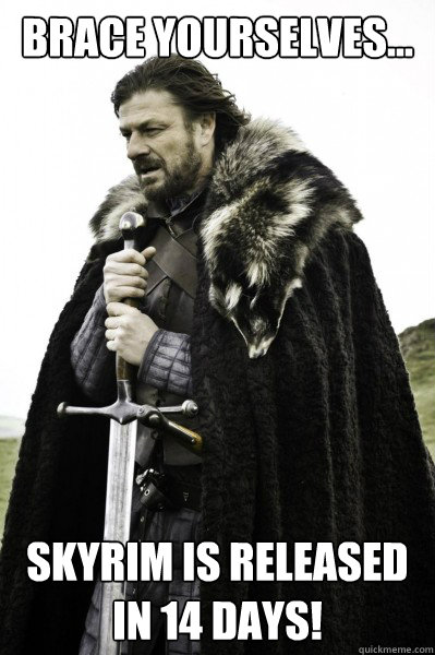 Brace yourselves... Skyrim is released in 14 days!  Brace Steve