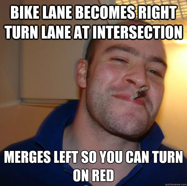 bike lane becomes right turn lane at intersection merges left so you can turn on red - bike lane becomes right turn lane at intersection merges left so you can turn on red  Misc