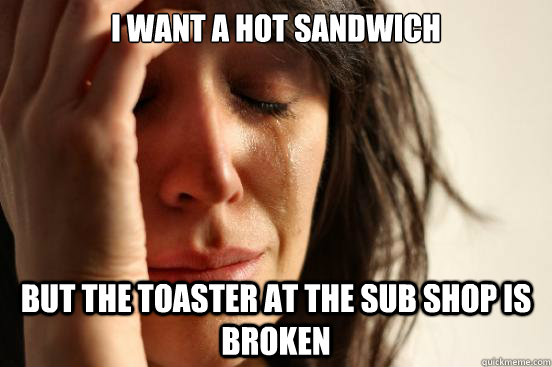 I want a hot sandwich but the toaster at the sub shop is broken  First World Problems