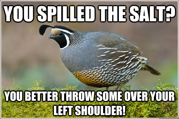 You spilled the salt? You better throw some over your left shoulder!  - You spilled the salt? You better throw some over your left shoulder!   Old Wives Tale Quail