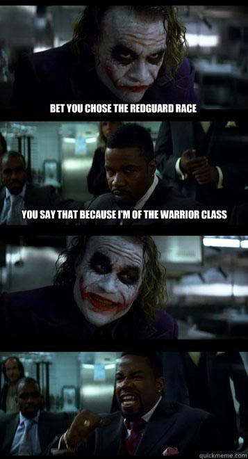 bet you chose the redguard race you say that because i'm of the warrior class   Joker with Black guy