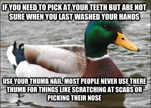 if you need to pick at your teeth but are not sure when you last washed your hands use your thumb nail. most people never use there thumb for things like scratching at scabs or picking their nose  Actual Advice Mallard