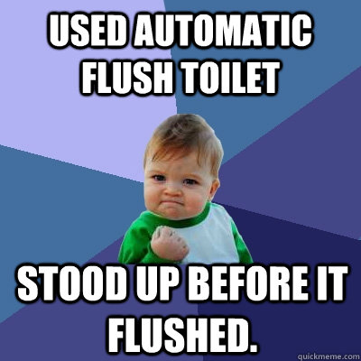 used automatic flush toilet stood up before it flushed.  Success Kid
